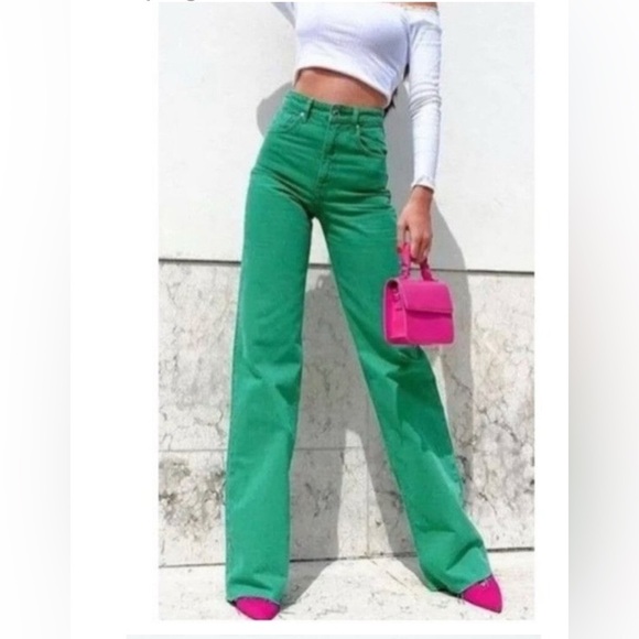 Zara Woman’s Wide Leg Raw Hem Green Jeans - Picture 1 of 10